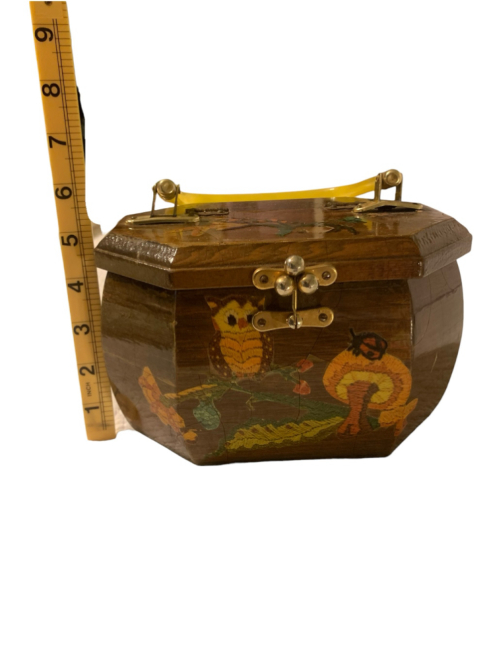 Vintage Women's handmade Wooden Handbag One Size Brown Yellow Owl Motif